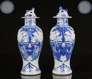 Pair Antique Chinese Blue and White Porcelain Vase & Lid KANGXI Mark 19th C QING