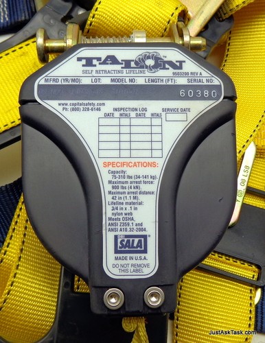 Talon 3101001 Self Retracting Lifeline 8 Ft Length 75-310 LBS W/ Harness - Picture 7 of 10