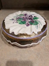 GORGEOUS VINTAGE Trinket Dish w/lid handpainted purple floral gold trimmed  EUC 