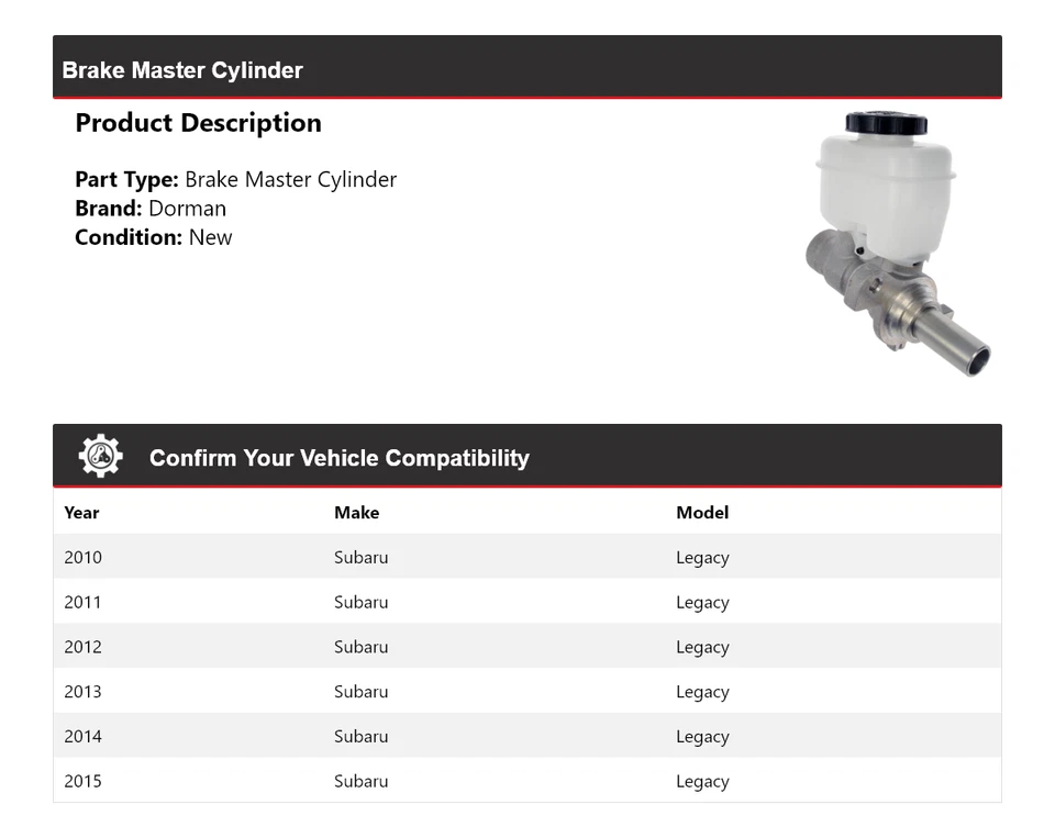 Cilindro maestro de freno para Subaru Legacy Dorman 2010-2015 2011 2012 2013 2014 Foto 2 de 4