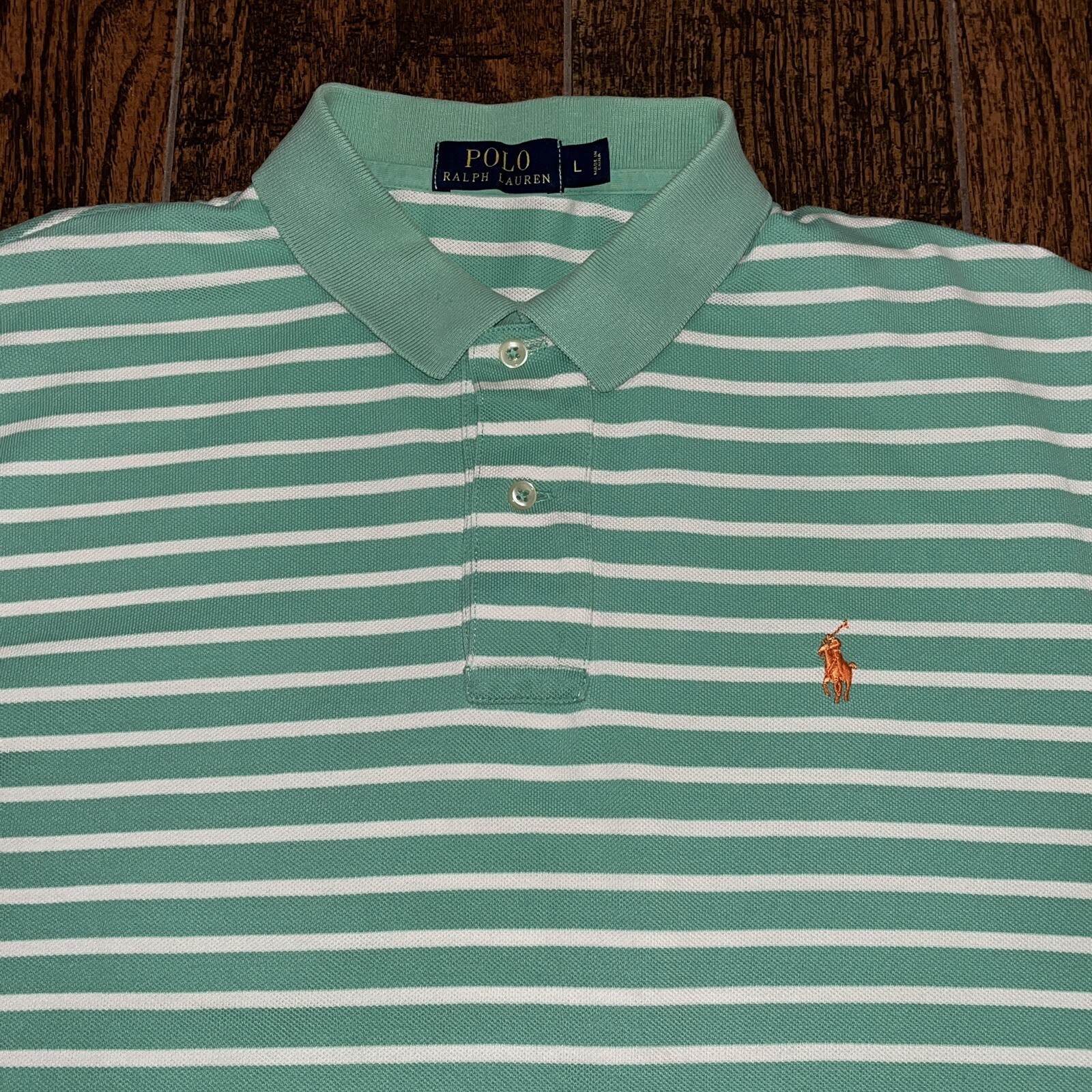 Polo Ralph Lauren da uomo pony verde acqua manica corta a righe colletto L