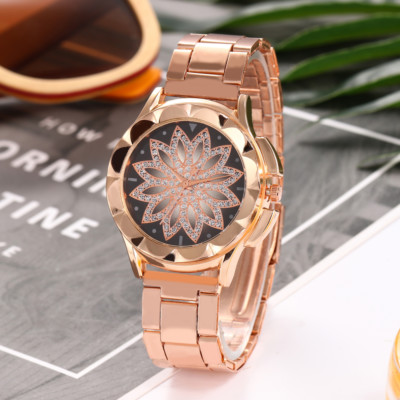 Blumenmuster rundes Zifferblatt Quarz Damen Rosegold Armbanduhr SS Stunden Uhr