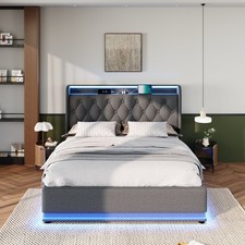 LED Ottoman Storage Bed Grey Panel Linen Upholstered Bed Frame King Size 5ft