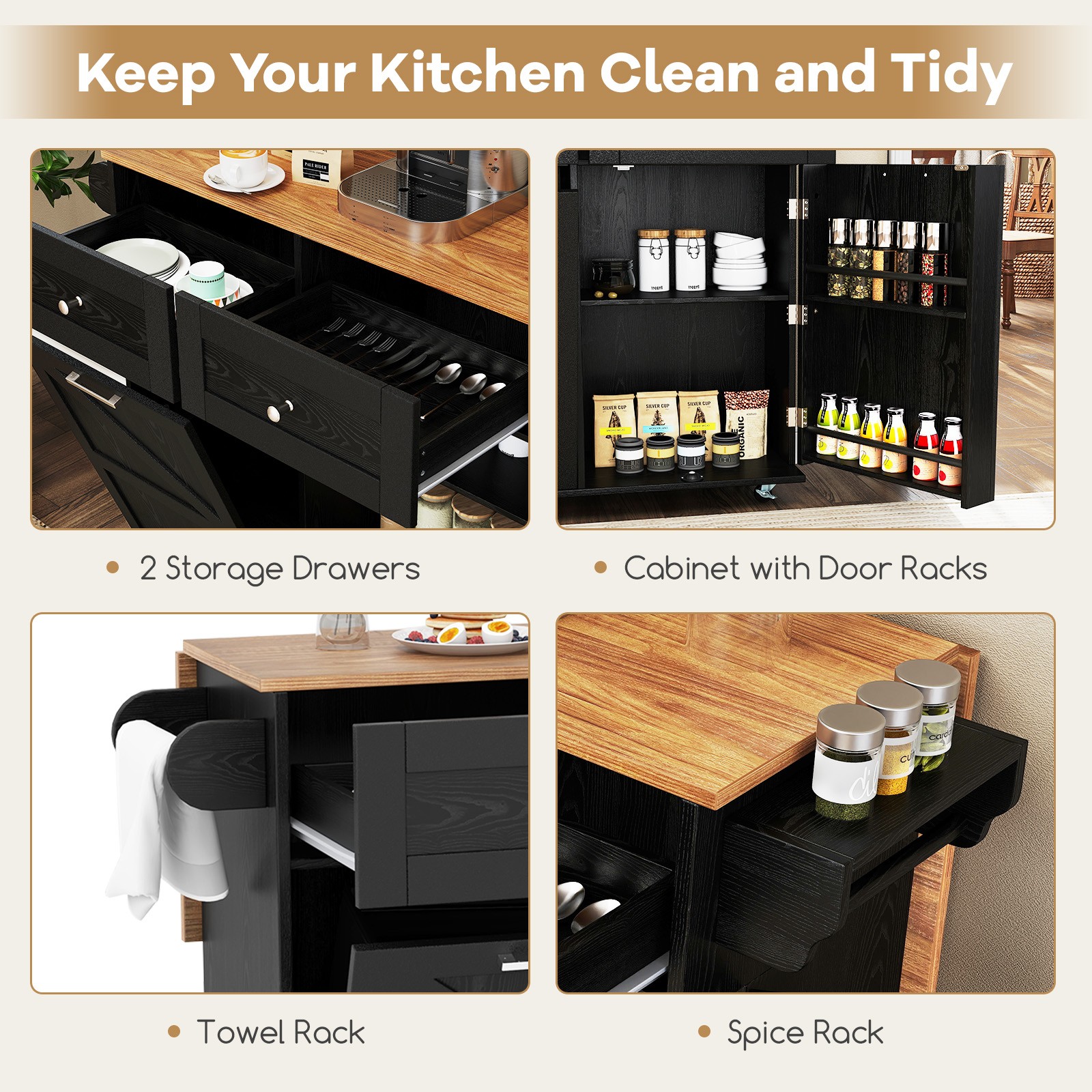 Rolling Kitchen Island Kitchen Island Cart with Drop Leaf Trash Can Cabinet
