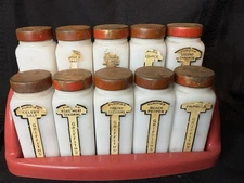 Vtg Art Deco Griffith's 10 Piece Milk Glass Spice Jar Set w/ Red Rack and Lids