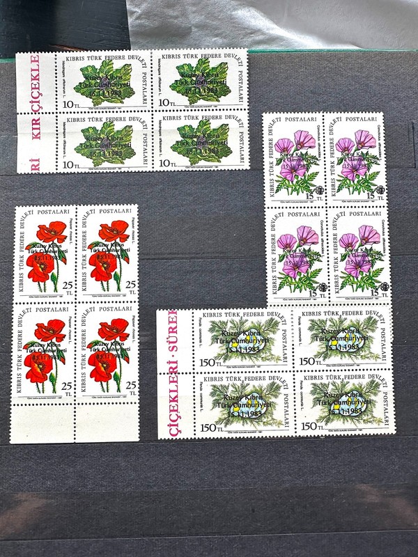 1983 Turkish Rep. of Northern Cyprus Comp. Set of Flowers Blk of 4, Overprinted