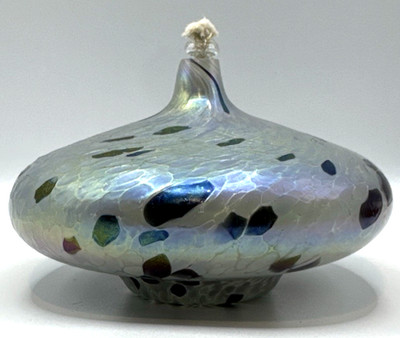 Vtg Roger Vines Studio Blown Glass Oil Lamp Iridescent Swirl Signed Dated 92