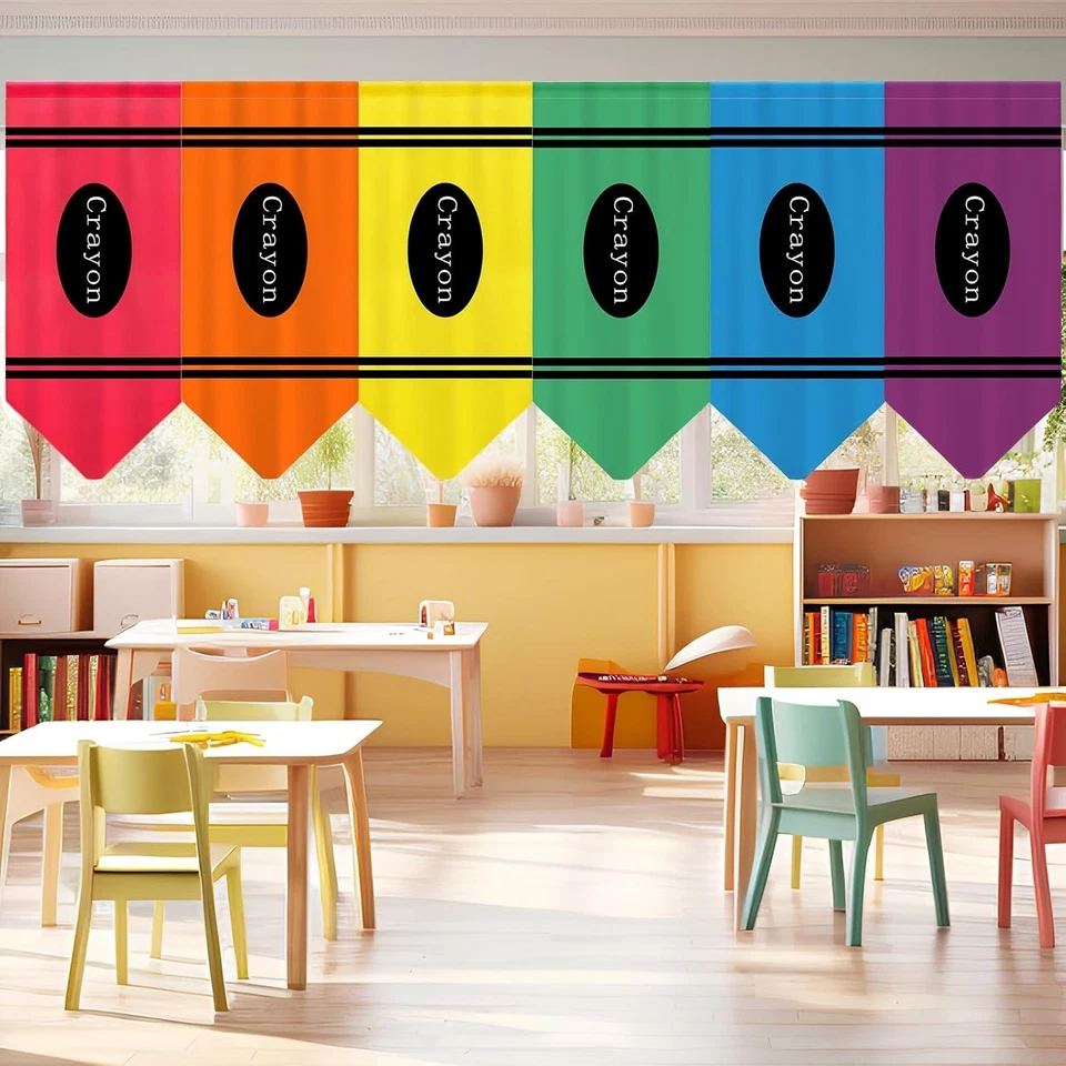 Colorful Classroom Curtains Rainbow Crayon Back to School Decor 6pcs - Image 3 of 4