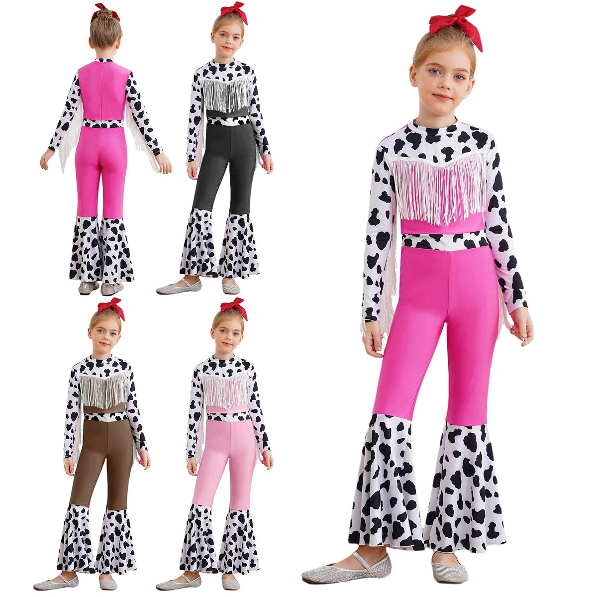 Kid girl Movie Western Cowboy Cowgirl Costume Bodysuit Fringe Cow Print  Jumpsuit
