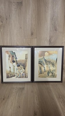 Paar Vintage Kunstdrucke Cusco Peru Anden Straßenszene gerahmt Mid Century