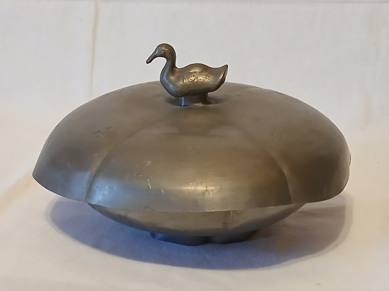 Vintage Flexible Pewter Covered Serving Dish w/ Duck Handle