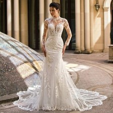 Mermaid Lace Appliques Wedding Dresses Tulle Full Sleeves Dress Bride Gown