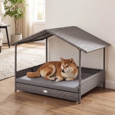 Wicker Dog House with Canopy, Rattan Dog Bed, Waterproof Removable Cushion
