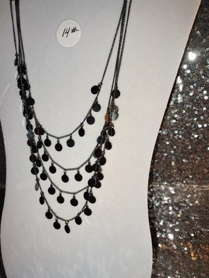 Black Layered Multi-Strand Disc Charm Necklace Metal Cable Chain