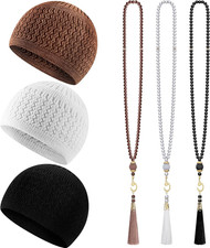 6 Pcs Kufi Hats for Men Muslim Hat and Prayer Beads Set Stretchy Taqiyah Cap Lar
