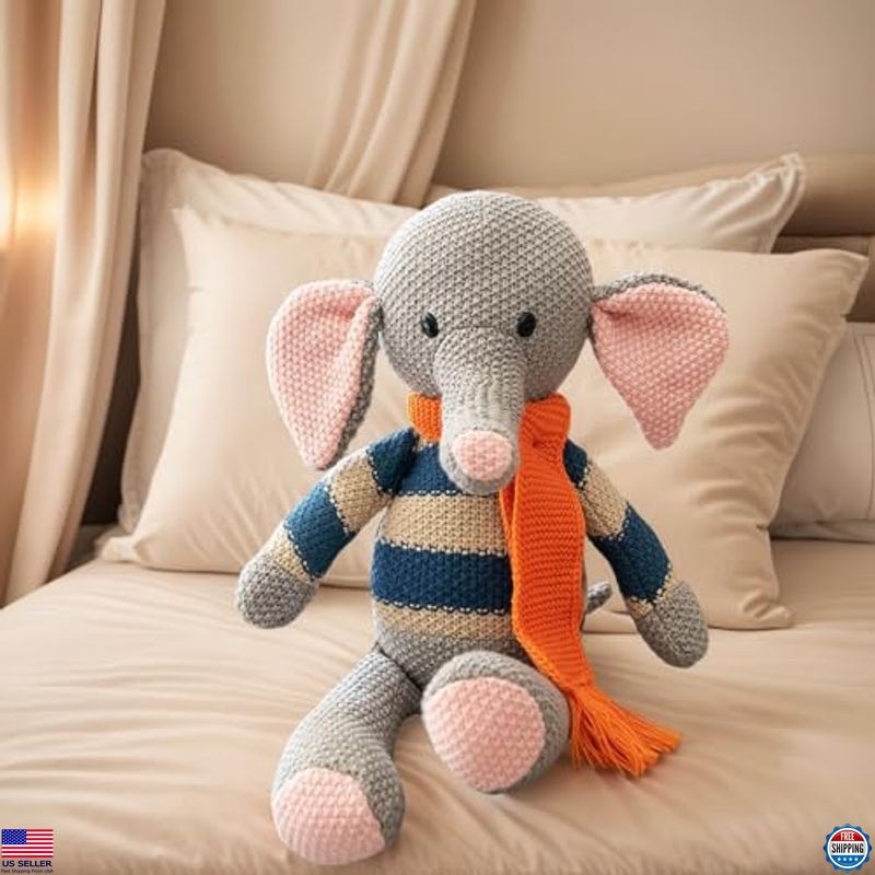 Cute 13.4" Knitted Elephant Plush Toy, Soft Grey Stuffed Animal, Huggable Gift