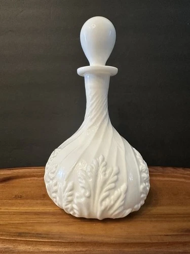 Vintage Milk Glass Decanter Bottle w/ Stopper 1950s Leaf Swirl Pattern