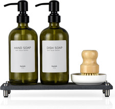 2 Pack Kitchen Soap Dispenser Set - 16Oz Green Glass Dish and Hand Soap Dispense