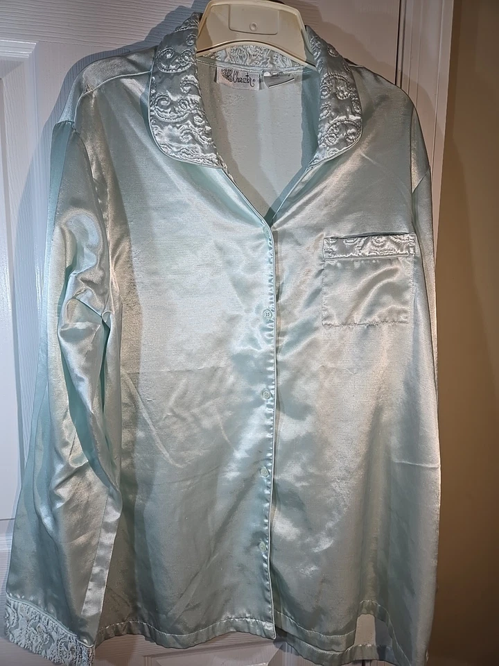 Juego de 2 piezas de satén para mujer talla LG verde menta manga larga acolchado ribete de encaje Foto 2 de 4