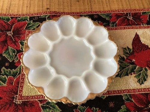10” Vintage Anchor Hocking Milk Glass Deviled Egg Platter Gold Trim Holds 12