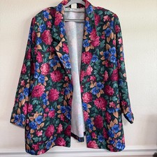 Vintage Women's Blazer 8 Green Floral Notch Lapel Open Front Jacket Oversized