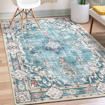 Boho Rug 3'x5' Machine Washable Teal Small Area Rugs for Entryway Bedroom