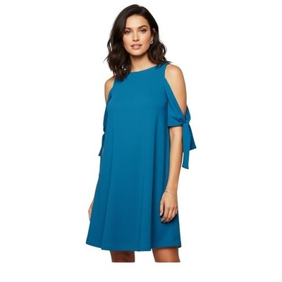 Taylor Cold Shoulder Tie Sleeve Swing Dress Teal Blue Women's Small