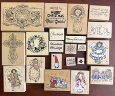 Christmas Wood Mounted Rubber Stamp Lot of 21 Angel Nativity Cross Holiday Craft