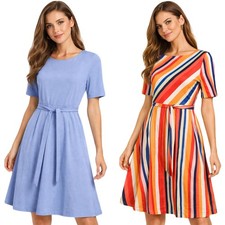 Ladies Midi Dress Plain Belted Flared Short Skater Womens Swing Party Skirt Top