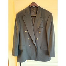 Perry Ellis Portfolio Mens Double Breasted Blazer Black Wool Gold Buttons Size L