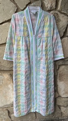 Vintage NATIONAL House Dress Robe Medium Multi Plaid Sheersucker Front Zip EC