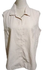 Westbound Sleeveless Button Up Shirt Gold White Checked 100% Cotton SZ Large