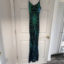 Prom Dress size Small black mesh with mermaid color blue green sequins EUC