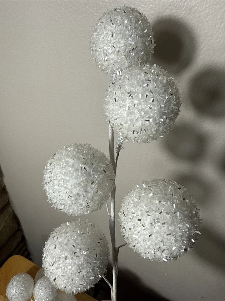 6 Pc White & Silver Tinsel Balls Wired Christmas Floral Pick Craft Supplies - Image 2 of 4