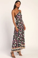 NWT Lulus Bohemian Bliss Black Floral Asymmetrical Backless Maxi Dress Small