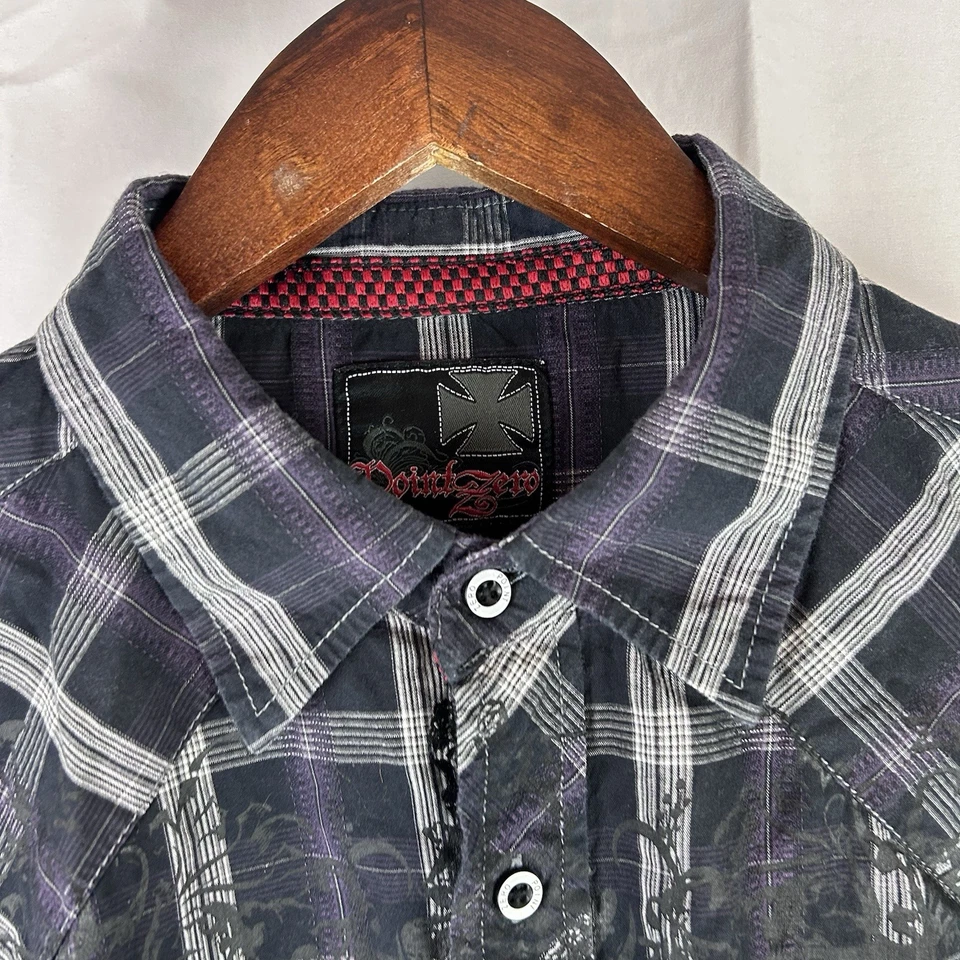 Point Zero Men's Large Long Sleeve Button Up Shirt Purple Black Y2K - Image 3 of 4