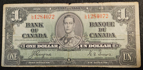 1937 Bank of Canada $1 One Dollar Banknote Ottawa -Coyne Towers L/N 1284072