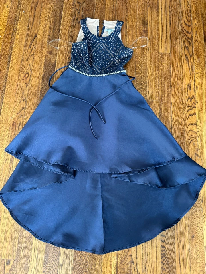 Vestido Speechless Niñas Talla 12 Azul Marino Fiesta Formal Alta-Baja Línea A Encaje Perla Foto 2 de 4