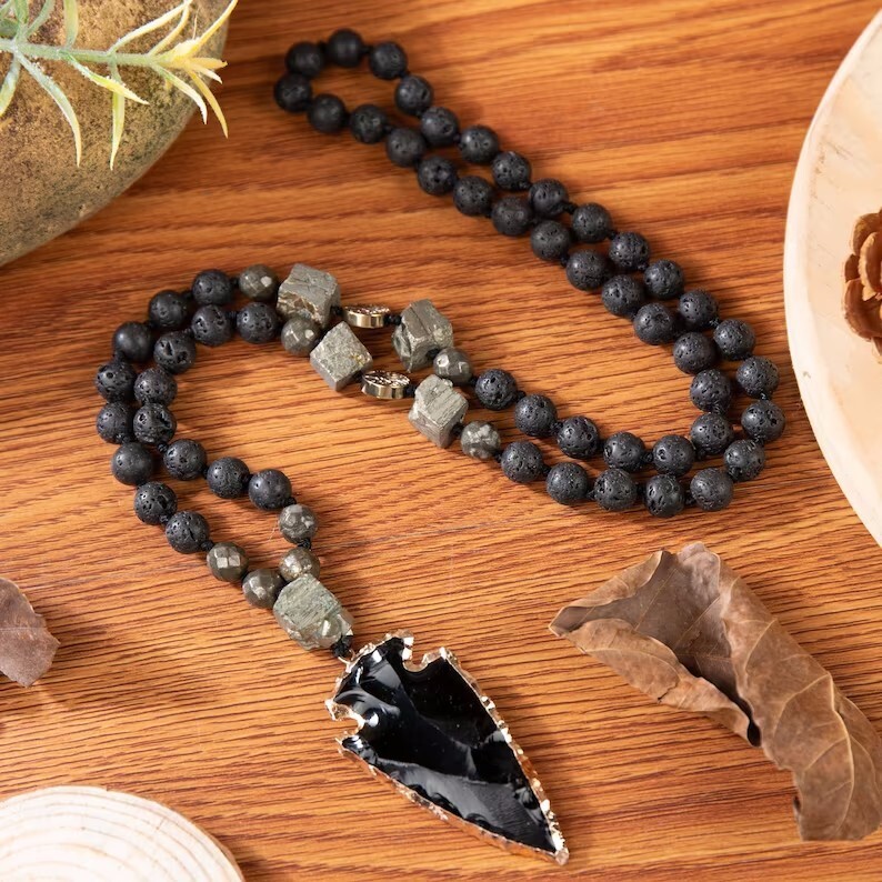 Lava Obsidian Mala Healing Amulet Protection Unisex Handmade