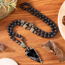 Lava Obsidian Mala Healing Amulet Protection Unisex Handmade Pendant Necklace