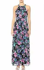 NWOT Womens Nine West Flamingo Black Floral Halter Maxi Dress Bow Size 18