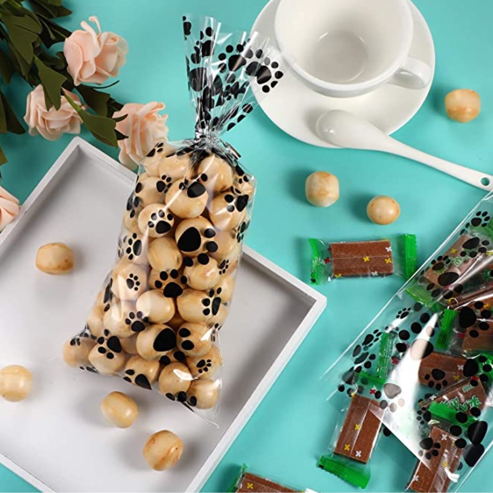 Pet Treat Bags Paw Print Clear Cellophane Cello Bags Puppy Pic n Mix