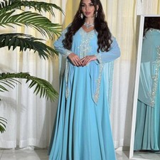Elegant Women Chiffon Rhinestone Muslim Abaya Maxi Dress Dubai Ramadan Party New