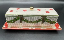 Anthropologie Festive Bistro Tile Butter Dish Stoneware Holiday Gold Decal New