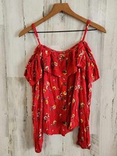 Maurices Top Small Off-the-Shoulder Red Floral Stretch Blouse Button Front