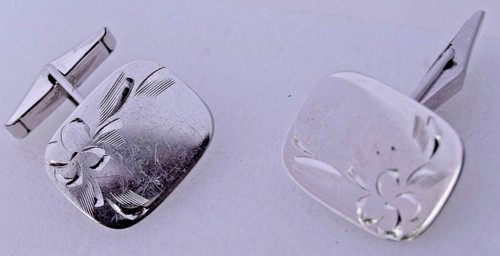 Sterling Silver Etched Flower Leaf Ornate Shiny Floral Design Cufflink Vintage