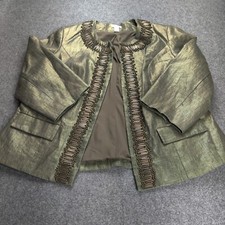 Chicos Jacket Woman 2 Green Linen Metallic Embellished Open Cocktail Party Work