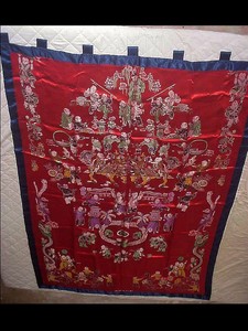 Antique 19th Chinese Embroidered Silk Large Textile Panel Curtain AMAZING !