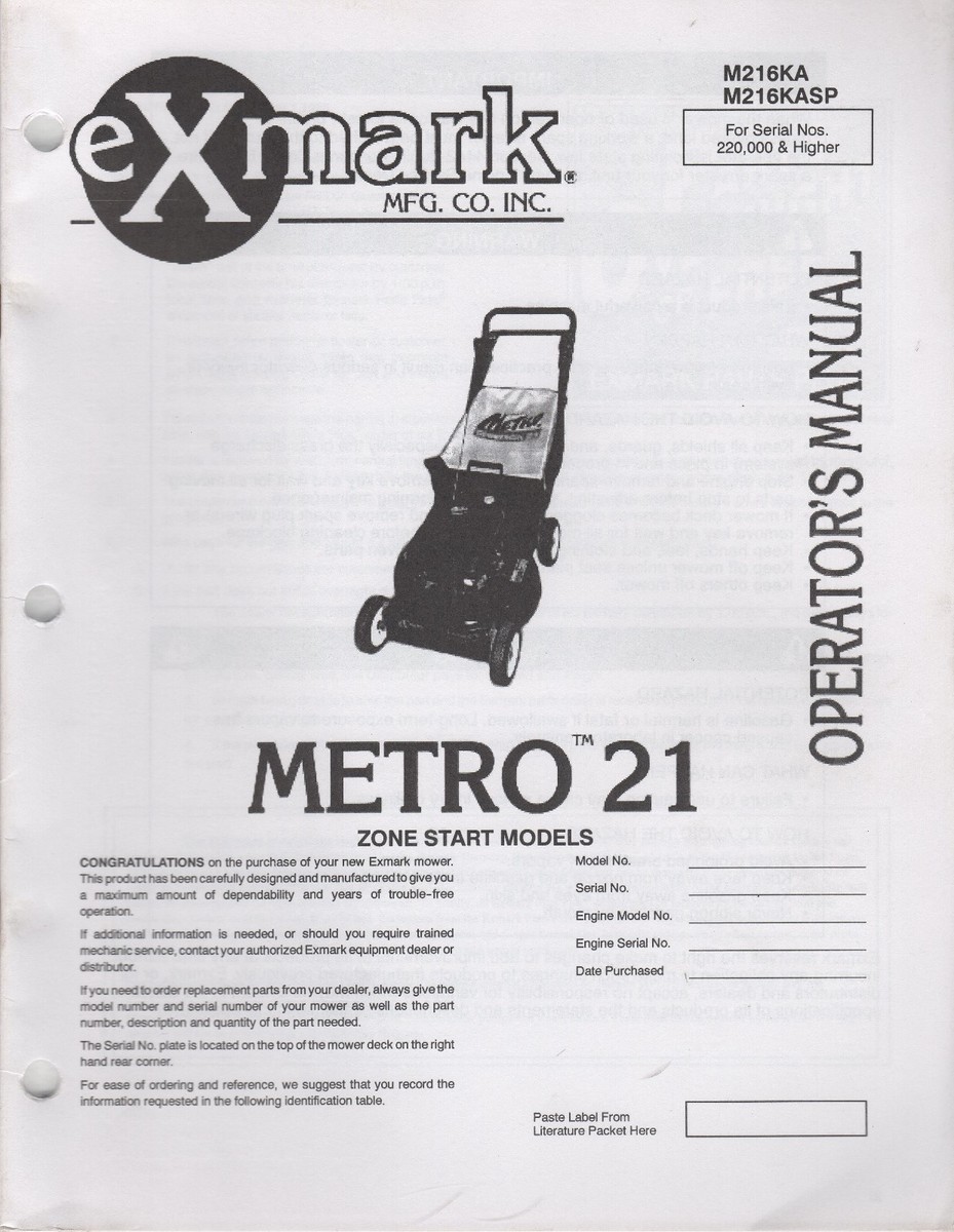 スタートガイド EXMARK METRO 21, ZONE START MODEL OPERATOR'S MANUAL P/N 3325-144