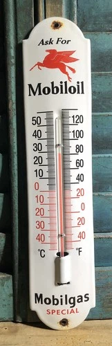 VINTAGE MOBILOIL THERMOMETER 12” PORCELAIN MOBILGAS SPECIAL SIGN CAR GAS OIL